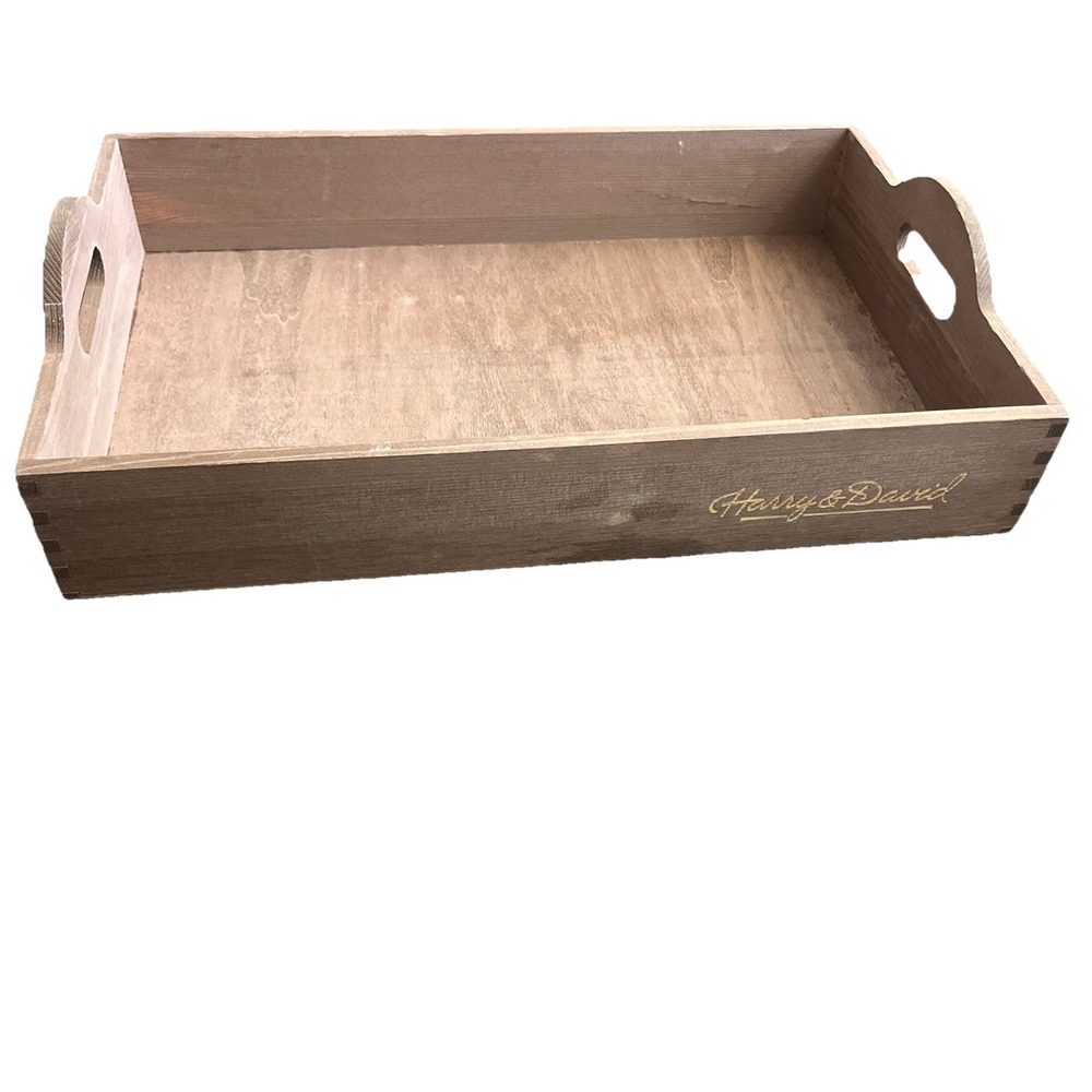 Harry & David Wood Serving Tray Platter Rectangular Dovetail Handles Rustic Farm